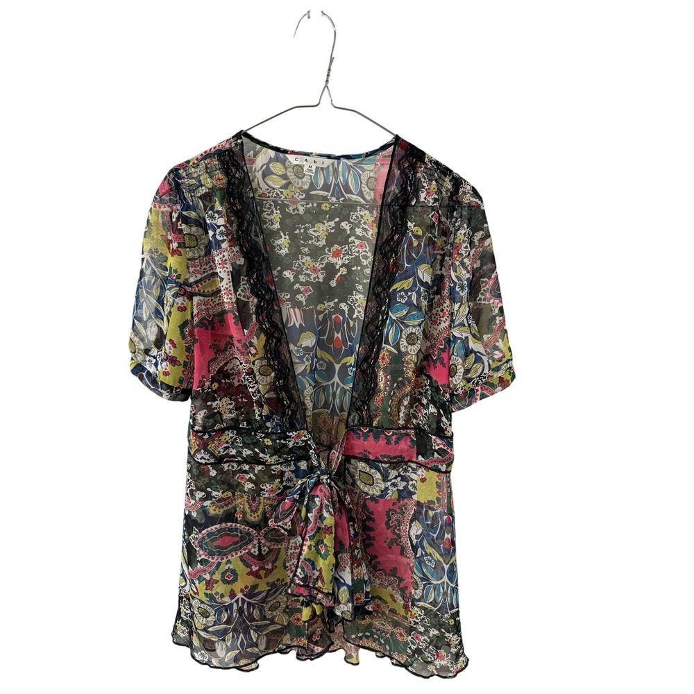 CABI Shear Black‎ Floral Deep Neck Short Sleeve Blouse  Women's Size Medium
